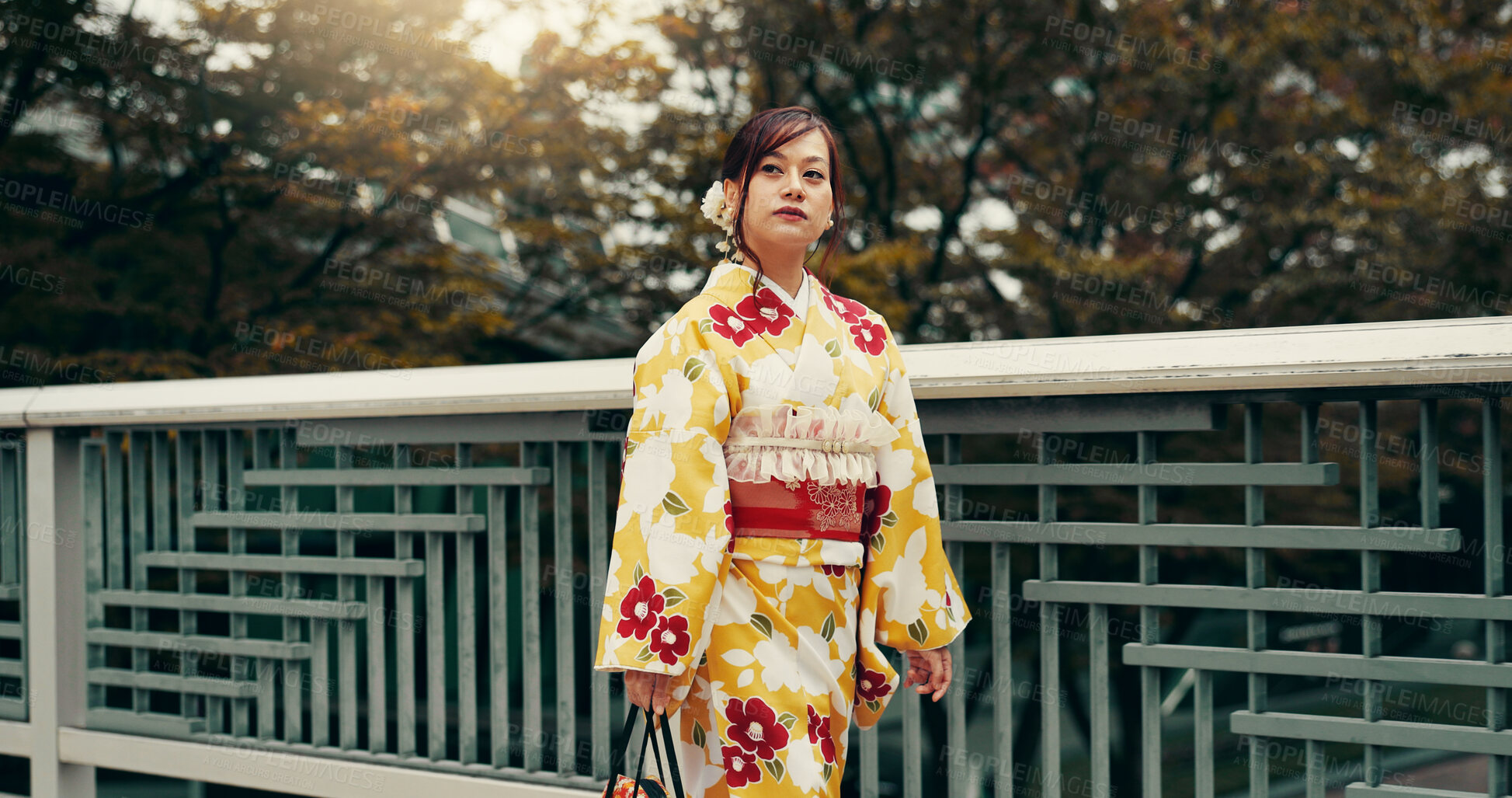 Buy stock photo Culture, kimono and thinking with Japanese woman in city for heritage, festival ceremony and fashion. Traditional clothes, reflection and respect with person and japan outdoor for pride and peace