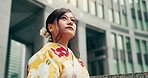 Vision, kimono and thinking with Japanese woman in city for heritage, festival ceremony and culture. Traditional clothes, reflection and respect with asian person and outdoor for pride and peace