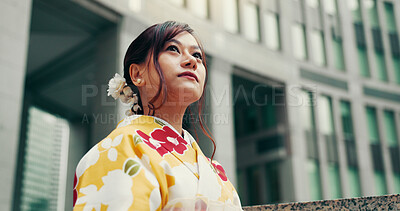 Buy stock photo Vision, kimono and thinking with Japanese woman in city for heritage, festival ceremony and culture. Traditional clothes, reflection and respect with asian person and outdoor for pride and peace