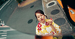 City, mirror and Japanese woman with lipstick, kiss and grooming outdoor with reflection. Fashion, cosmetics and street with traditional clothes, makeup and pout for beauty in Tokyo with trip