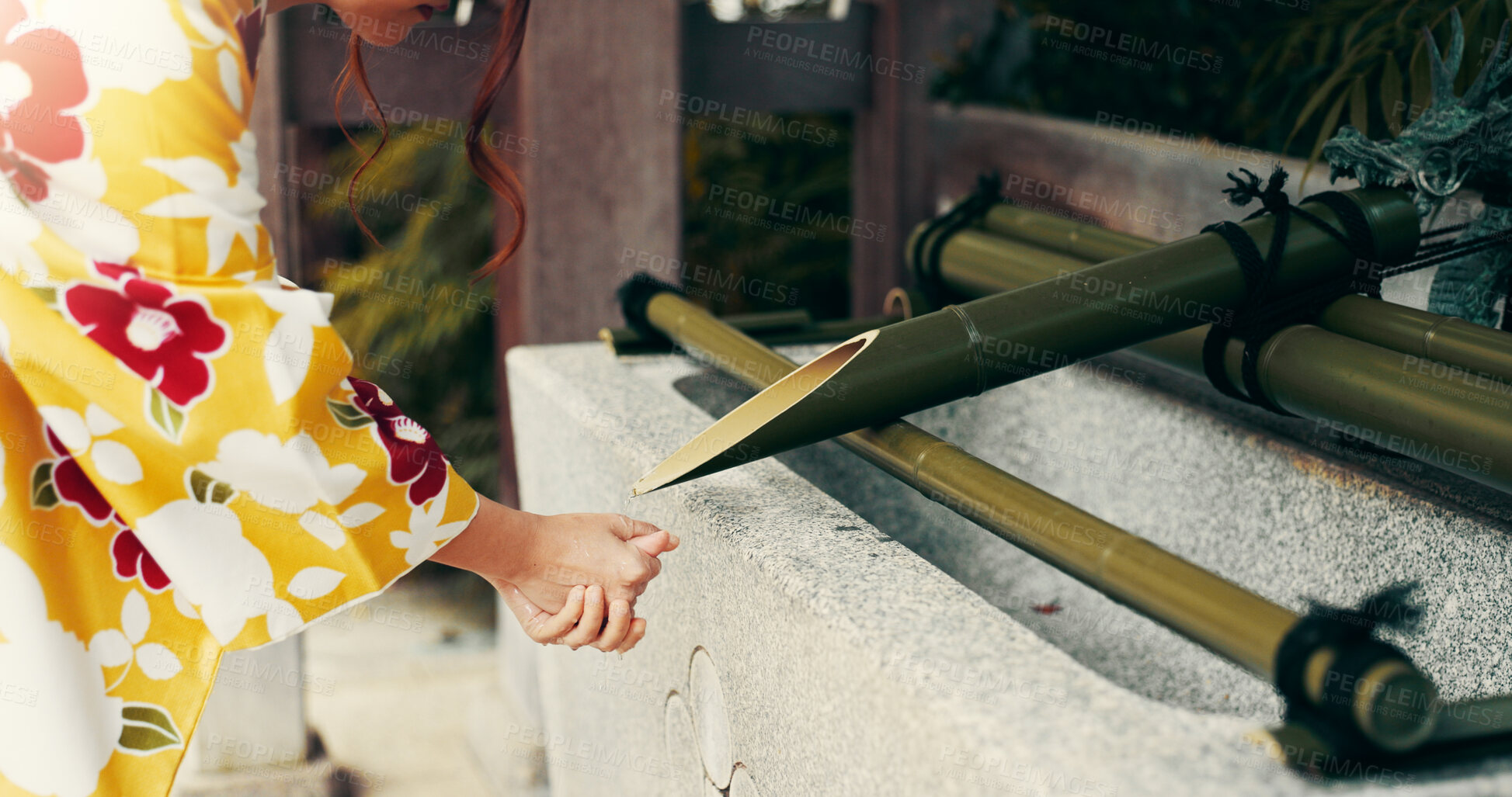 Buy stock photo Water, washing hands and woman in town for travel with journey, adventure or vacation with hygiene. Self care, sanitizing and female person cleaning skin for germs, dust or bacteria in city in Japan.