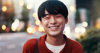 Buy stock photo Japanese man, portrait and outdoor for pride, smile and confidence in city street or metro. Male person, happiness and calm as engineering student in university with relax, joy or tourism for commute