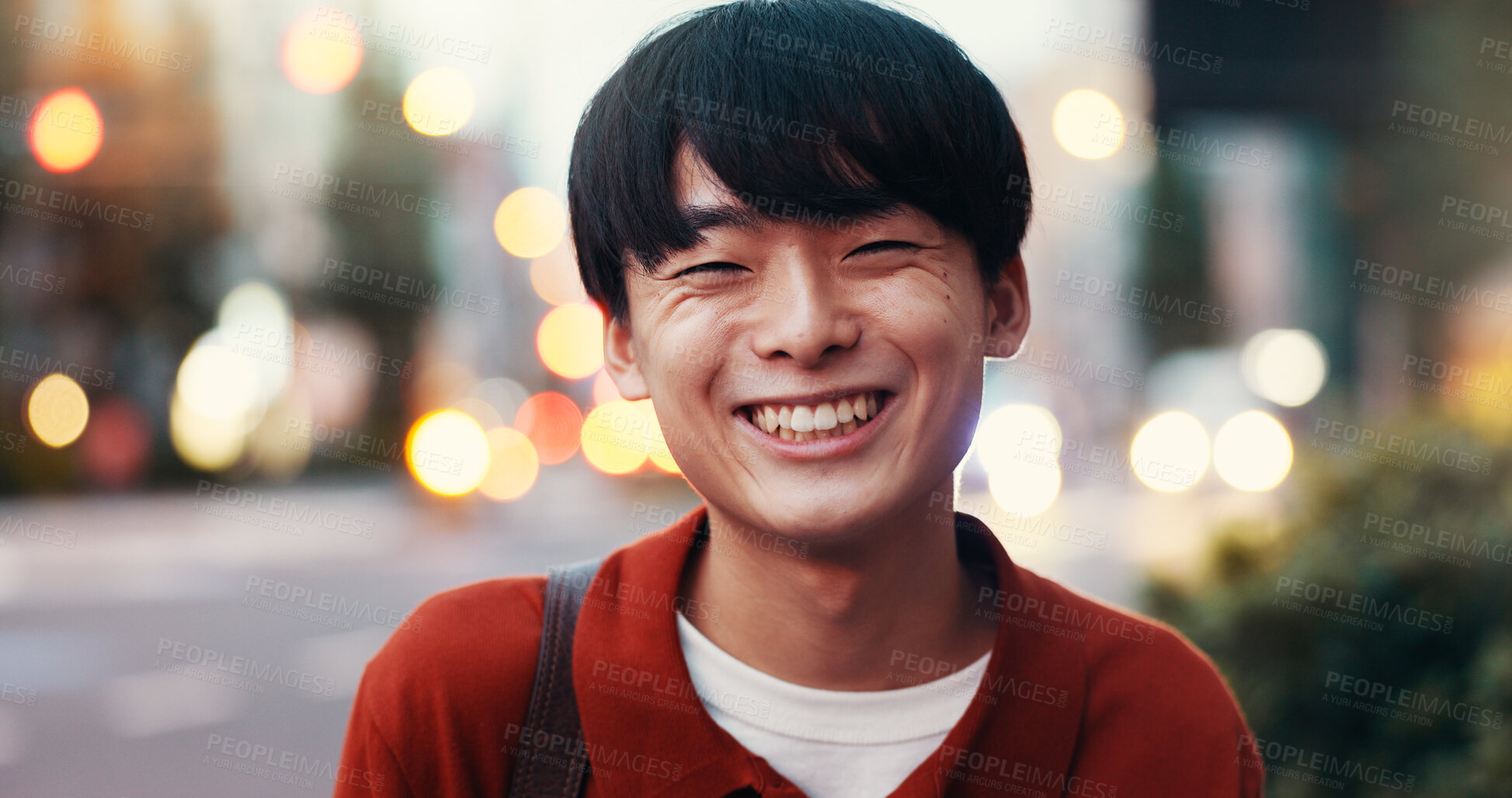 Buy stock photo Japanese man, portrait and outdoor for pride, smile and confidence in city street or metro. Male person, happiness and calm as engineering student in university with relax, joy or tourism for commute