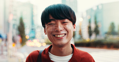 Buy stock photo Japanese man, portrait and outdoor for confidence, smile and pride in city street or metro. Male person, happiness and calm as engineering student in university with relax, joy or tourism for commute