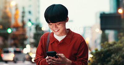 Buy stock photo City, walking and happy man on street with phone, morning commute and mobile app for online chat. Social media, networking and Japanese person on urban travel with smartphone, connectivity and smile