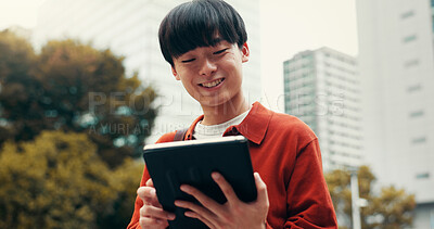 Buy stock photo Man, tablet and happy for travel in street, notification and reading with social media on commute in city. Person, touchscreen and scroll on app, contact or booking taxi on urban sidewalk in Japan