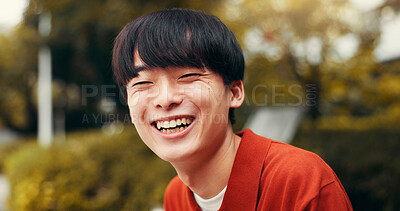 Buy stock photo Man, portrait and outdoor Japan for laughing, happy tourist and relax on bench in nature for peace. Male person, travel and journey to holiday destination for joke, funny humor and weekend for break