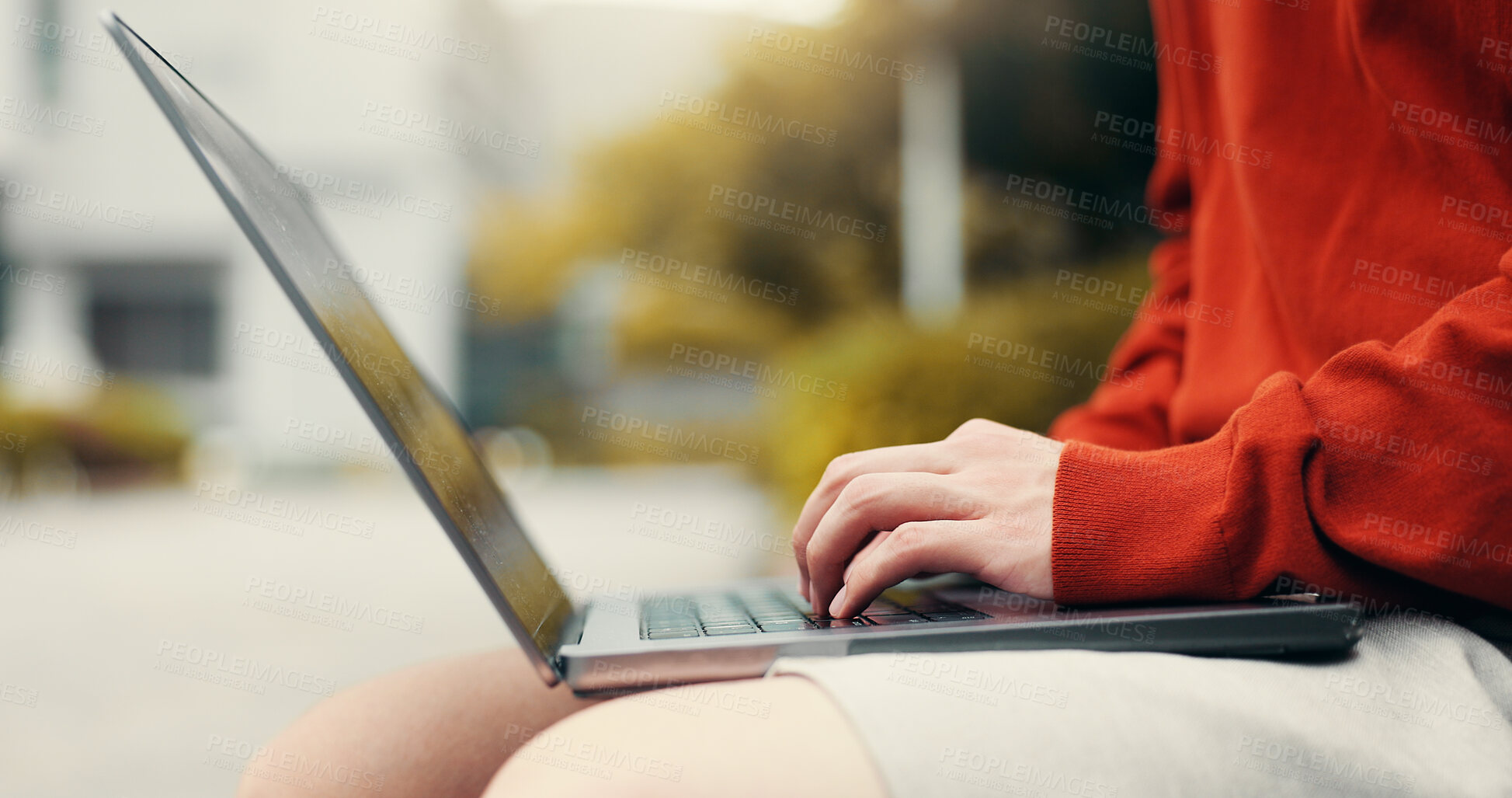 Buy stock photo Man hands, laptop or typing in city for studying, planning or creative writing for travel blog in Japan. Japanese student, computer or network in Tokyo for social media post, journal editing or email