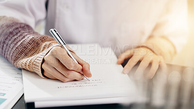 Buy stock photo Science, person or hands with writing in laboratory for research notes, exam assessment or education. Japanese medical university, student and findings report for experiment review or scientific test