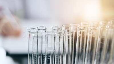 Buy stock photo Test tubes, science and laboratory for experiment, discovery or project for pharmaceutical industry. Biology, research and glass vials for scientific innovation, analysis or study for medical trial.