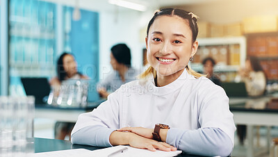 Buy stock photo Science, girl and portrait with smile in laboratory for pharmaceutical study, medical research and education. Japanese university, student and happy with books for learning, knowledge and scholarship