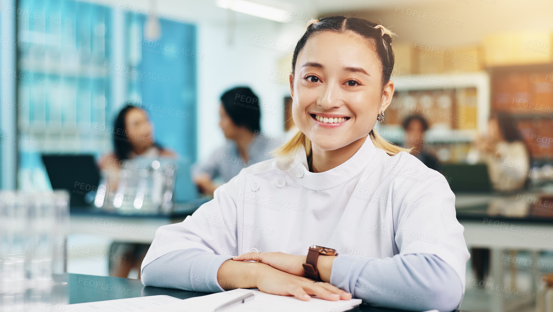 Buy stock photo Science, girl and portrait with smile in laboratory for pharmaceutical study, medical research and education. Japanese university, student and happy with books for learning, knowledge and scholarship