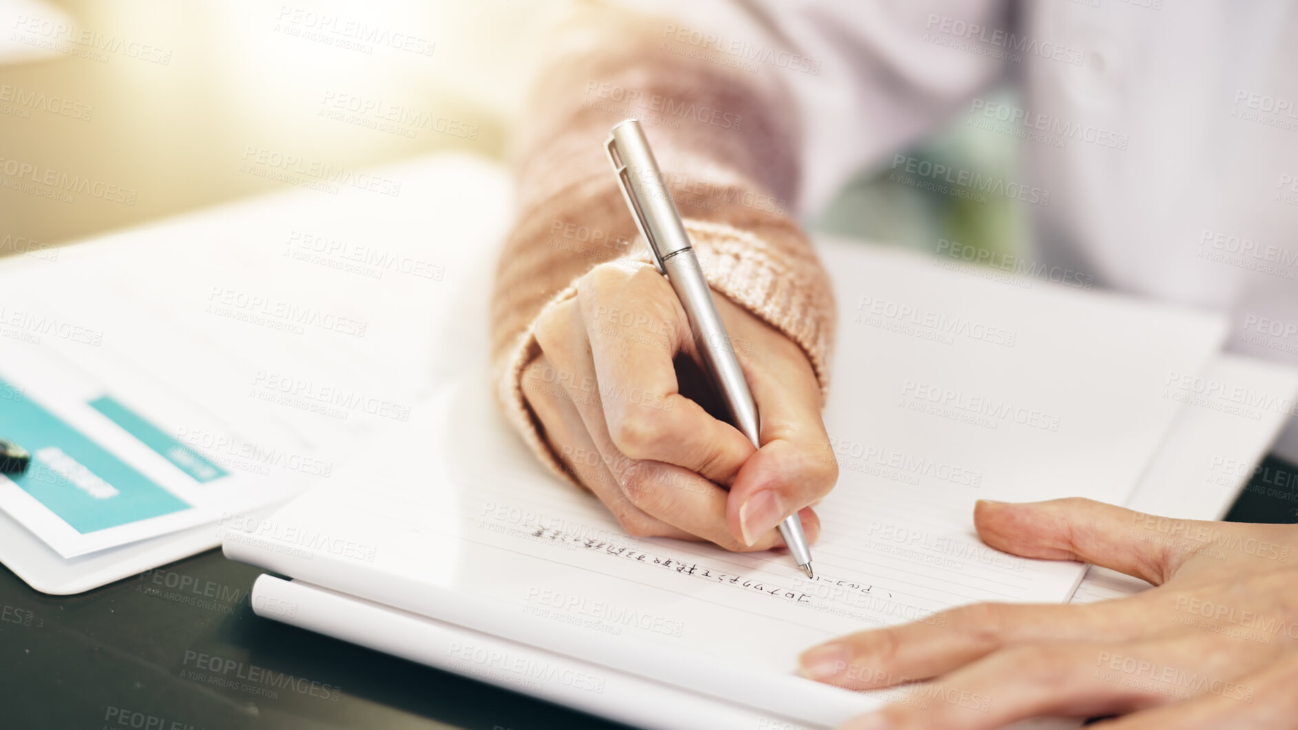 Buy stock photo Person, scientist and hands writing with book in Japan for research, study or labratory results on desk. Closeup, medical worker or examiner taking notes for test, experiment or development at lab