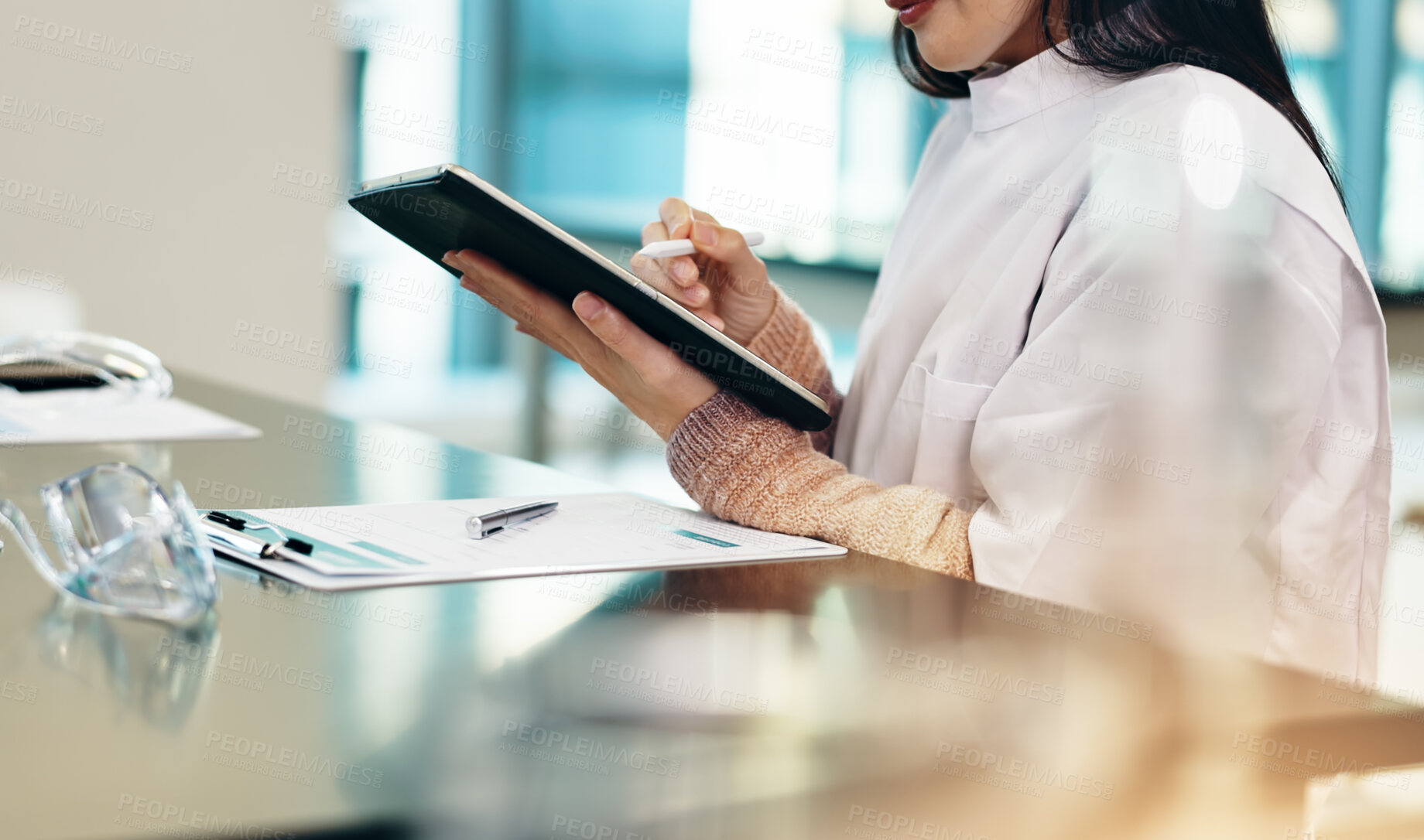 Buy stock photo Science, woman or hands with tablet in laboratory for research notes, results or exam assessment. Japanese medical college, stylus or student with digital report for experiment review or writing test