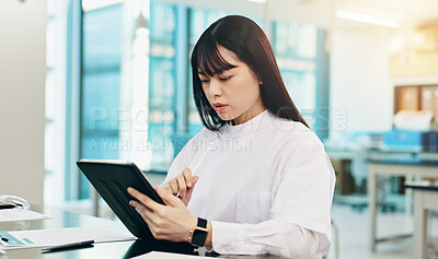 Buy stock photo Tablet, education and woman in university lab for science lecture with notes for exam or test. Digital technology, studying and Japanese female student with biology research for college assignment.