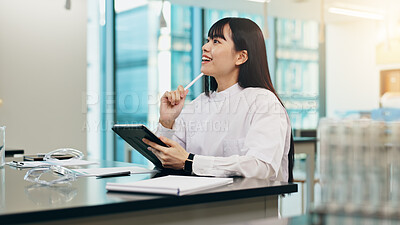 Buy stock photo Student, tablet and thinking in university for science, research and planning in Japanese lab facility. Happy woman, good idea and tech in medical academy for breakthrough, education or exam solution