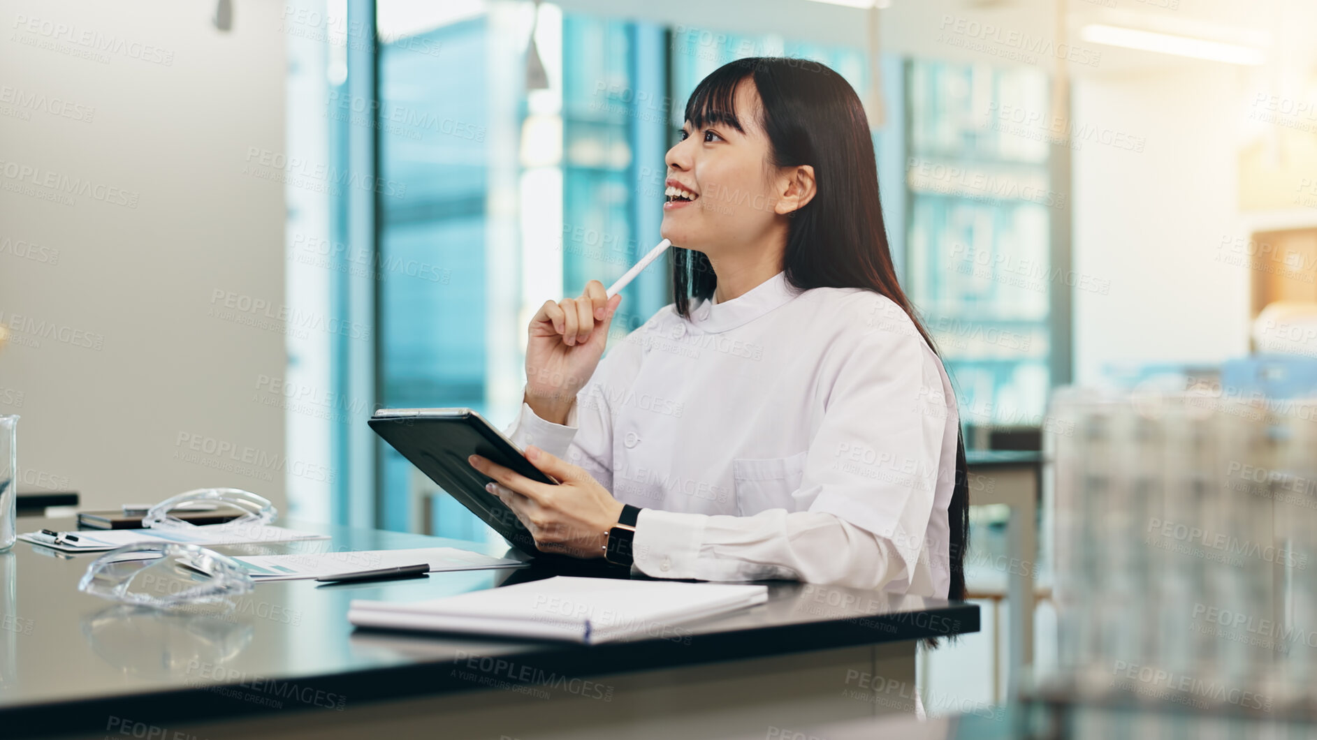 Buy stock photo Student, tablet and thinking in university for science, research and planning in Japanese lab facility. Happy woman, good idea and tech in medical academy for breakthrough, education or exam solution