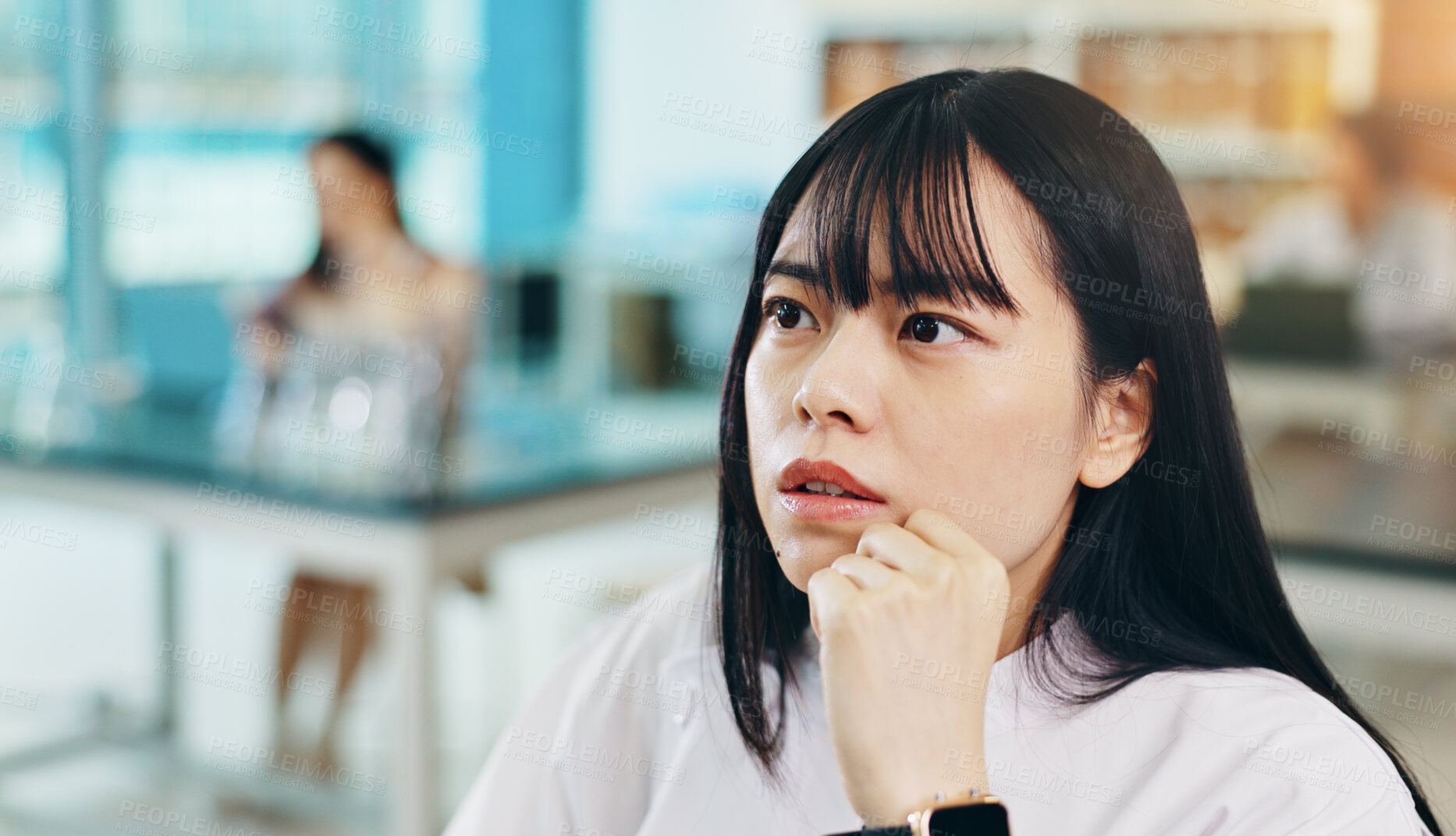 Buy stock photo Thinking, idea and woman in university lab for science assignment, exam or test in classroom. Education, research and Japanese female student with guess for question in biology lecture at college.