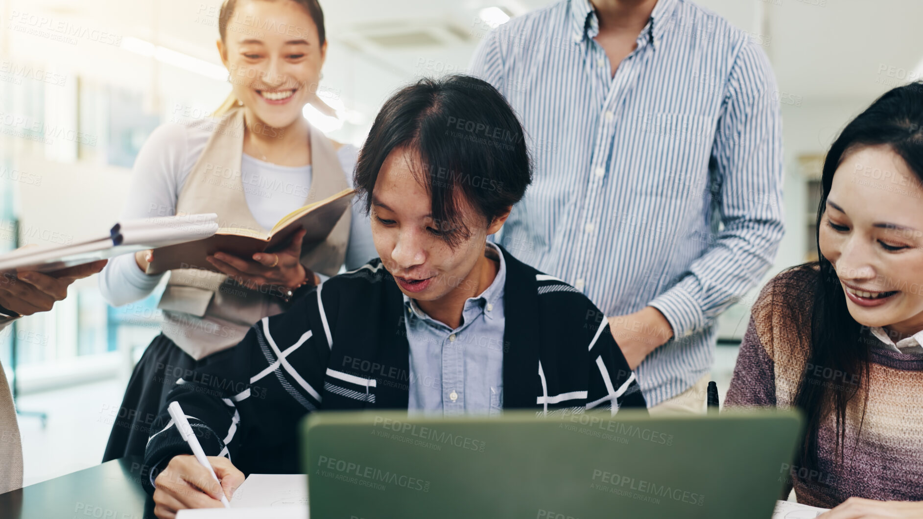 Buy stock photo Japanese people, teamwork and laptop for business meeting, collaboration and writing notes in office. Group, together and technology for brainstorming, discussion and project management as colleagues