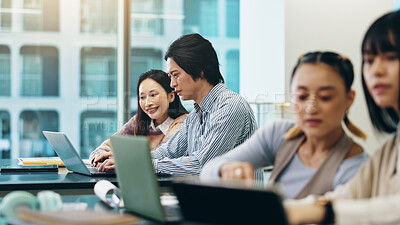 Buy stock photo Japanese, business people and laptop with coworking, collaboration or teamwork in office or meeting. Group, employee and tech for brainstorming, discussion and review as project manager or colleagues