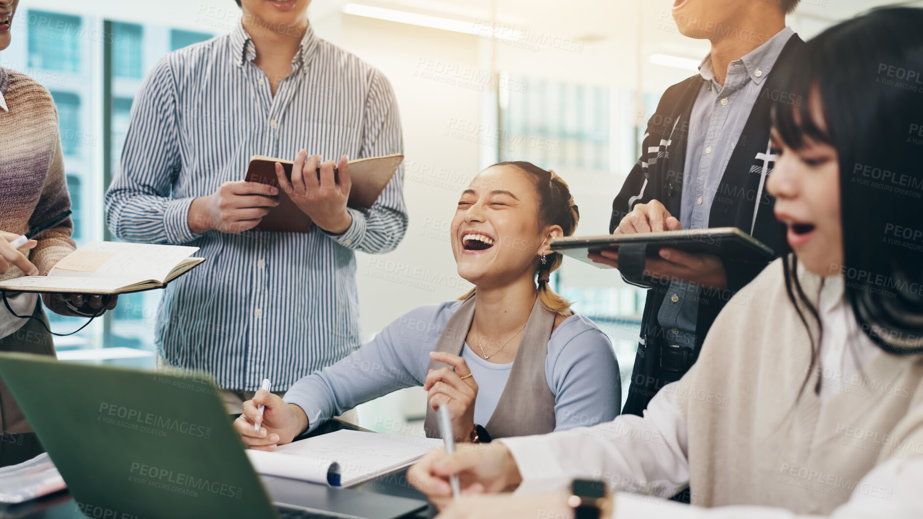 Buy stock photo Japanese people, business meeting and laptop with laughing, collaboration or writing notes in office. Group, teamwork and technology for brainstorming, discussion and project management as colleagues