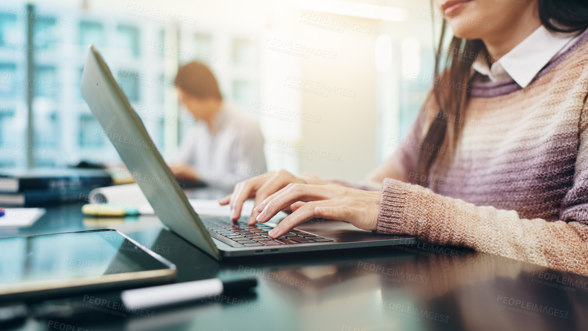 Buy stock photo Laptop, hands and businesswoman in office typing report for annual finance revenue in company. Computer, technology and female financial planner with email for investment stakeholder with profit.