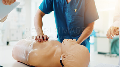 Buy stock photo Dummy, student and cpr training in clinic for medical simulation exam, test or assignment. Healthcare, professor and person with rescue support demonstration on patient model at university in Japan.