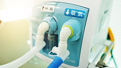 Buy stock photo Medical, ventilator and hospital with healthcare machine for breathing and lung help at clinic. Cardiovascular, device and equipment with respiratory valve and monitoring at health center in Japan