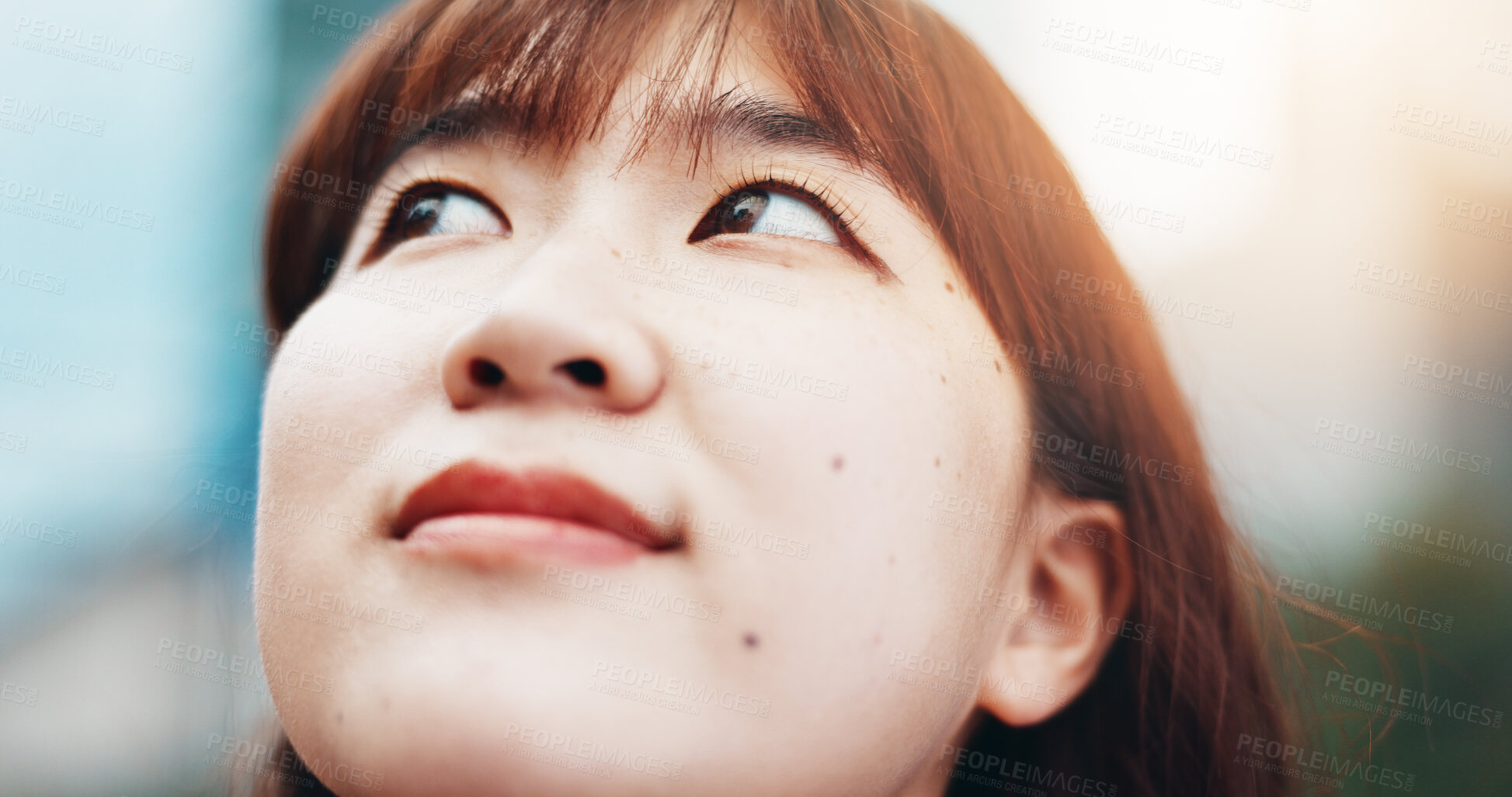 Buy stock photo Japanese woman, tourist and thinking in city with reflection, sunshine and sightseeing in summer. Person, travel and perspective in urban street for commute, tourism and search for location in town