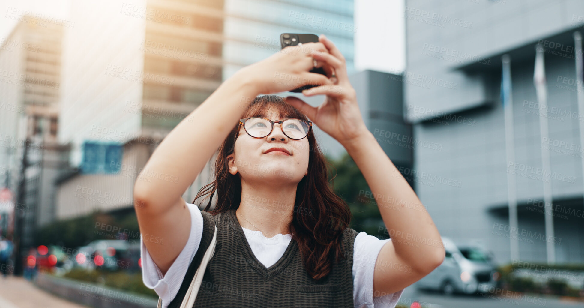 Buy stock photo Woman, phone and search for network in city, student and online for registration for college. Female person, message contact and urban street for education, communication and chat on social media