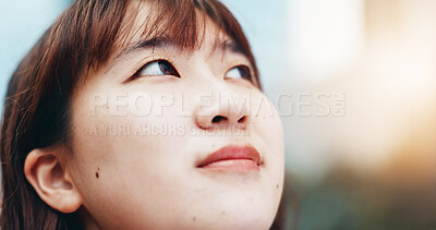 Buy stock photo Japanese woman, thinking and travel in city with reflection, sunshine and sightseeing in summer. Person, outdoor and perspective in urban street for commute, tourism or search for location in town