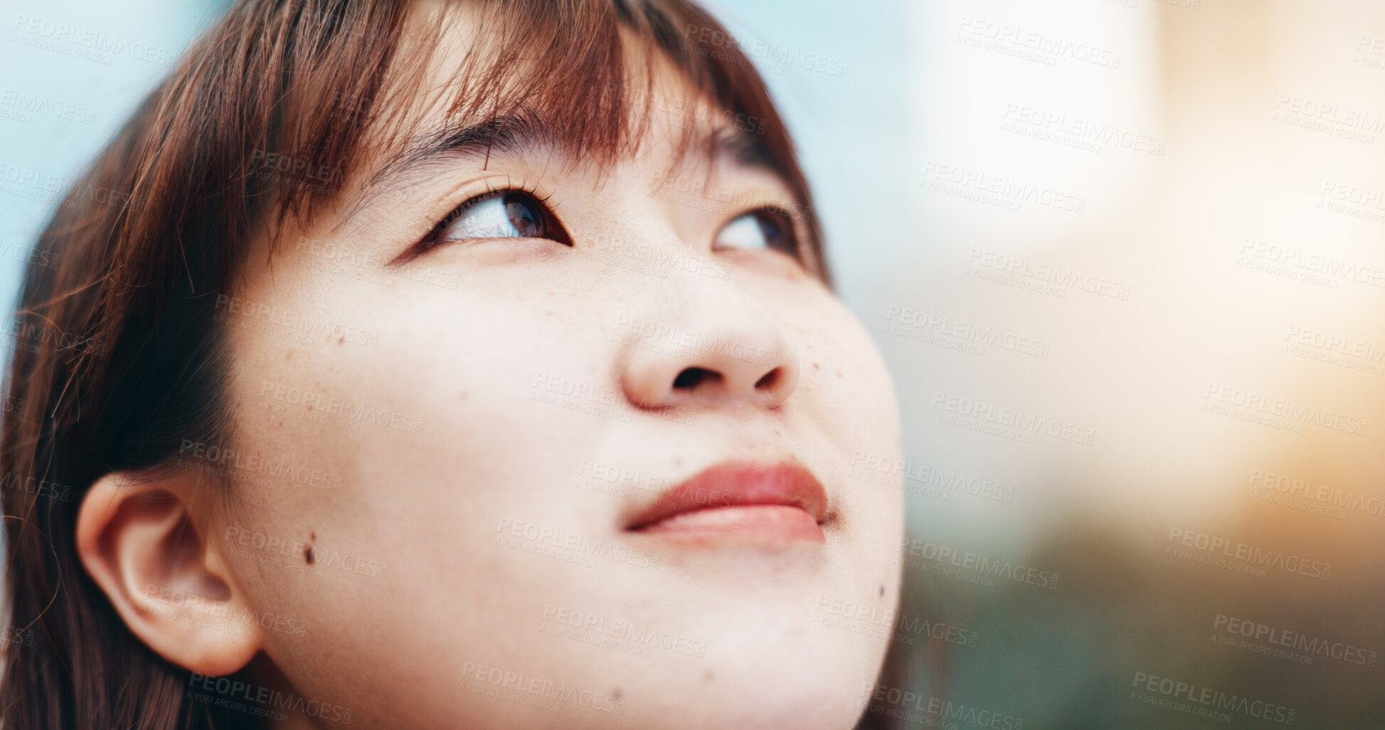 Buy stock photo Japanese woman, thinking and travel in city with reflection, sunshine and sightseeing in summer. Person, outdoor and perspective in urban street for commute, tourism or search for location in town