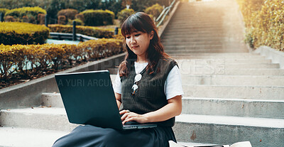 Buy stock photo Woman, laptop and outdoor stairs for university, student studying and online for assignment. Person, campus park and college website for module learning, education and course for knowledge in Japan