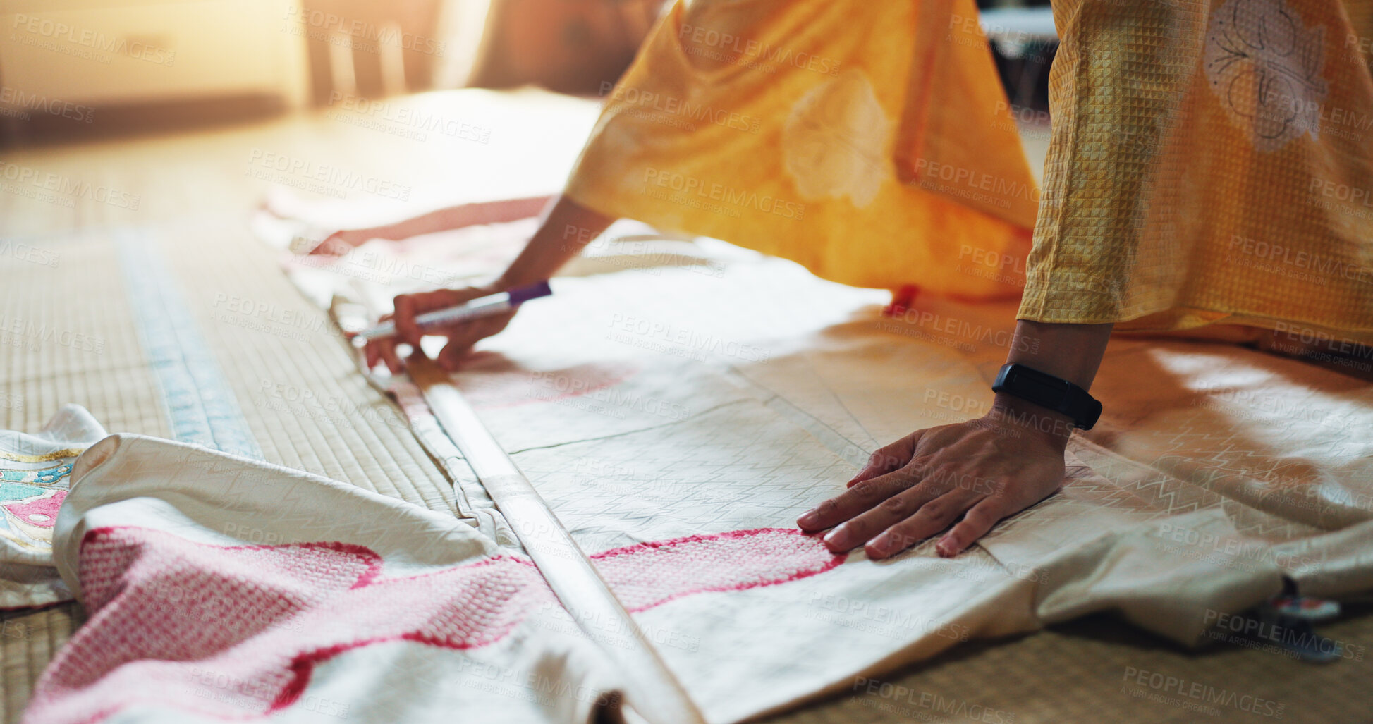 Buy stock photo Woman, hands and fashion designer with material for garment, fabric or clothing on floor at boutique. Japan, closeup or seamstress with apparel, textile or texture for tailoring or dress making