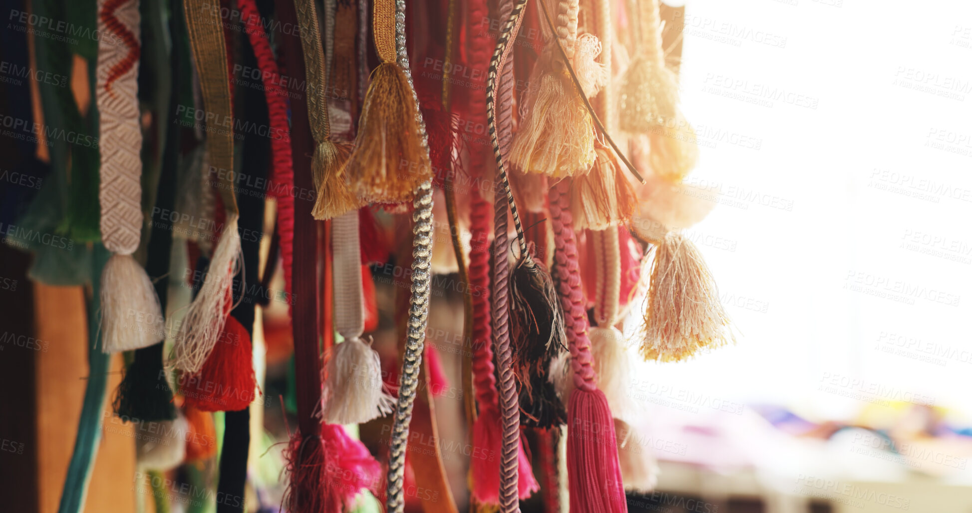 Buy stock photo Shrine, religion and sacred rope for Japanese tradition, history and spiritual practice at holy site, Straw, shinto and outdoor with ritual product or string souvenir with travel, culture and Japan