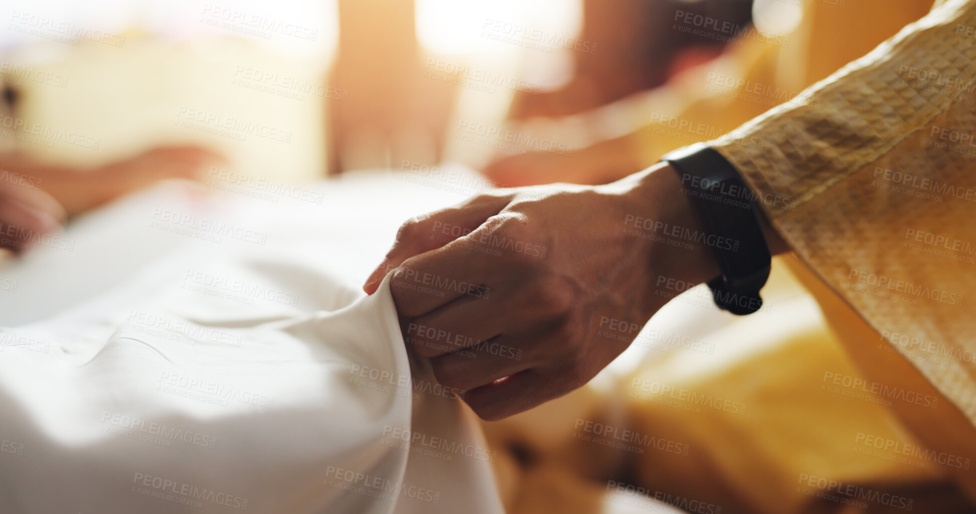 Buy stock photo Fashion, fabric and hands of woman with design for kimono silk, manufacturing or creative craft. Small business, culture seamstress girl with handmade textile pattern for traditional clothes in Japan