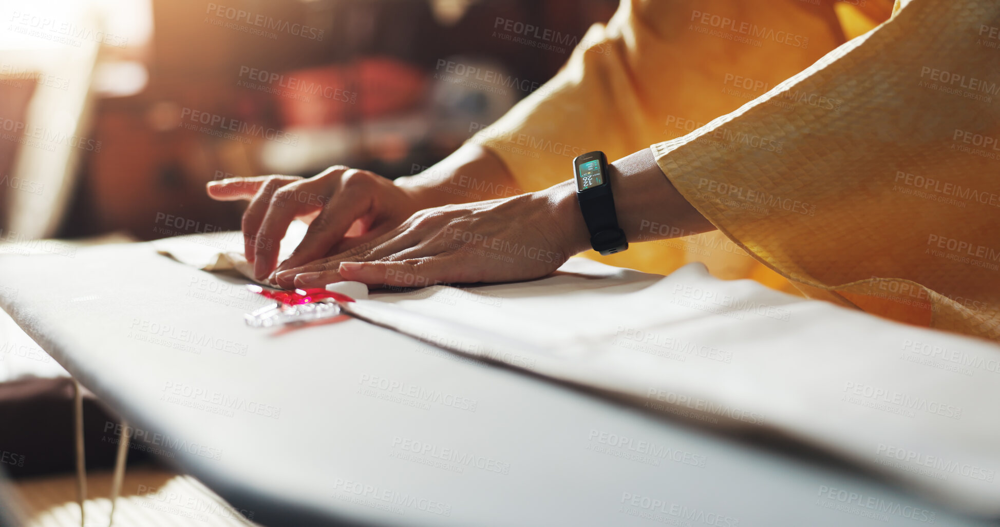 Buy stock photo Fashion, fabric and hands of woman with measurement for kimono silk, design or creative craft. Small business, tailor or seamstress girl with handmade textile pattern for traditional clothes in Japan