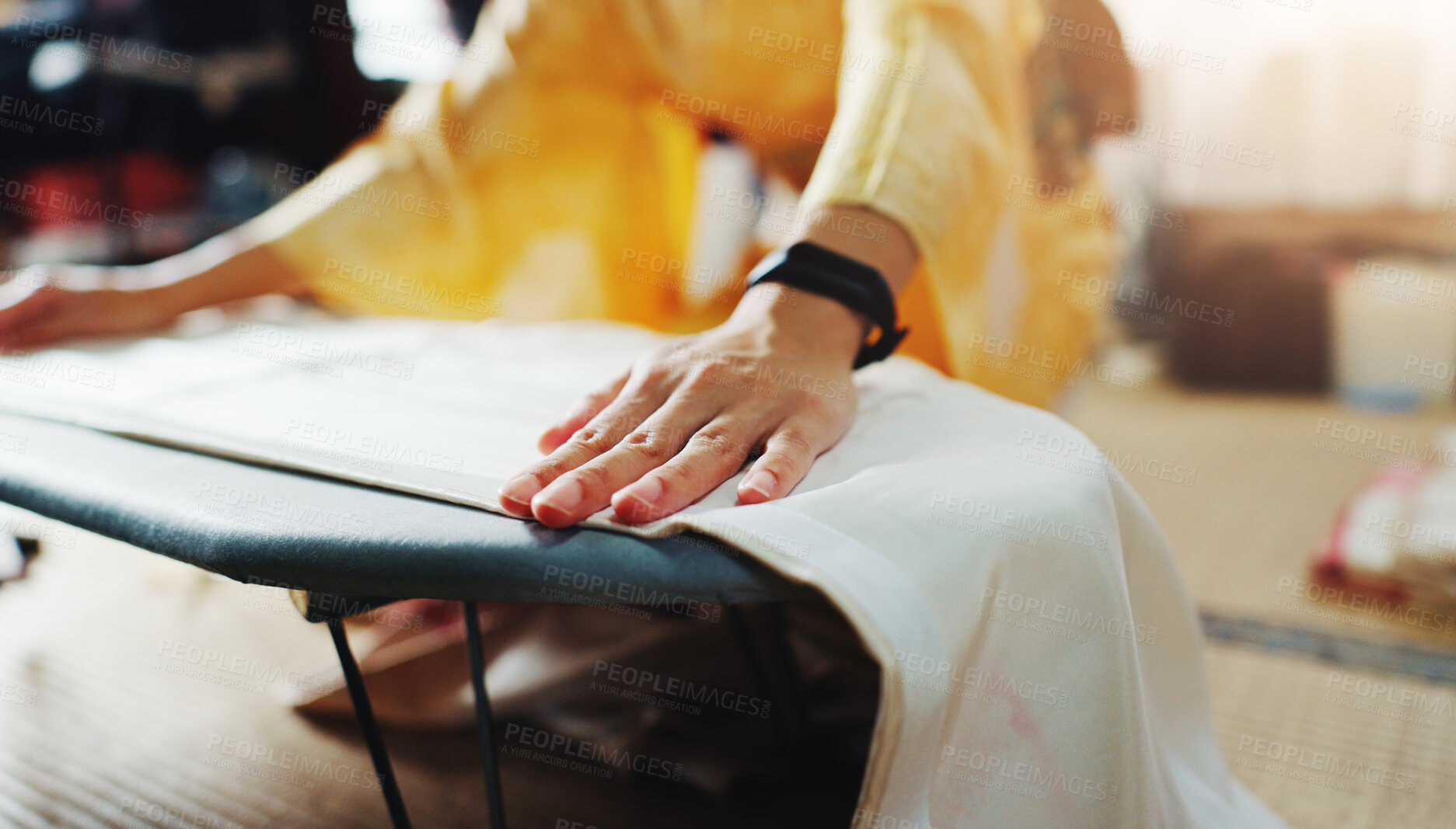 Buy stock photo Fashion, fabric and hands of woman with creative kimono design, manufacturing or silk craft. Small business, culture and seamstress girl with handmade textile pattern for traditional clothes in Japan