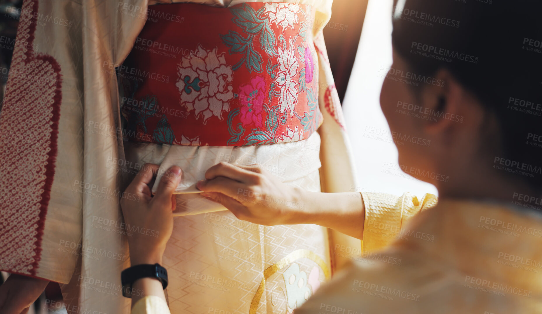 Buy stock photo Fashion design, kimono and Asian woman with tailor for clothes, traditional fabric and indigenous style. Seamstress business, culture boutique and person with textile, pattern and material in Japan