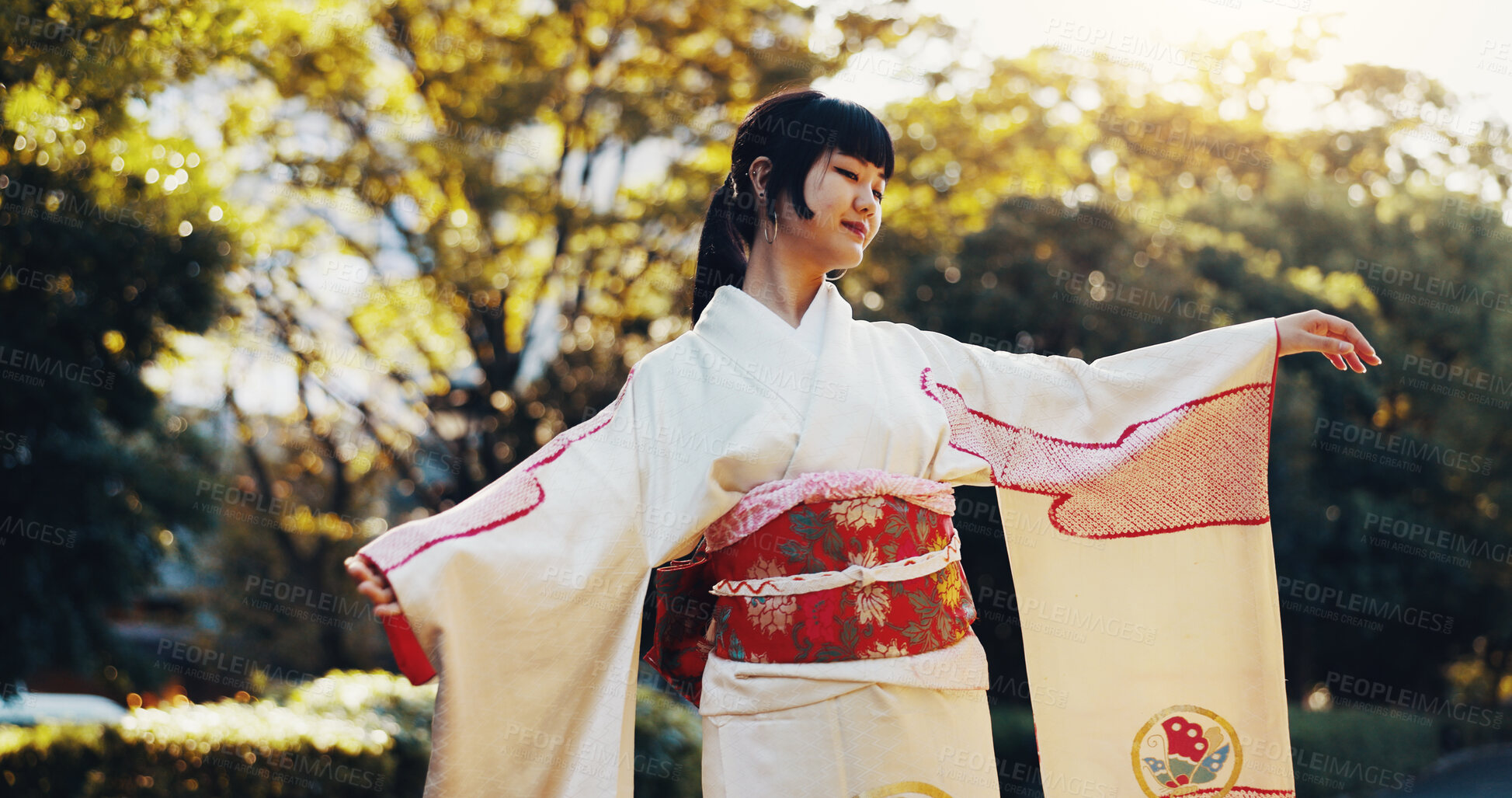 Buy stock photo Outdoor, park and Japanese woman with fashion, calm and travel with trip and holiday in Tokyo. City, kimono and weekend with journey, vacation and traditional clothes with adventure and style