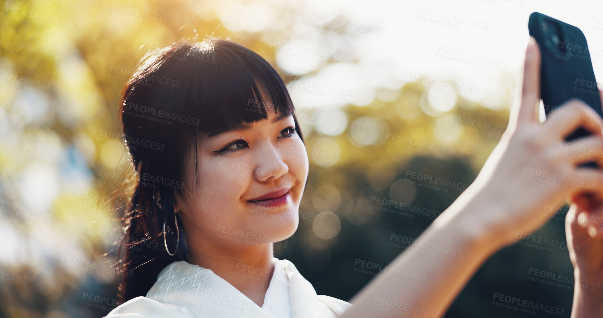 Buy stock photo Park, selfie and woman with nature, smile and connection for social media on outdoor adventure. Influencer, culture and Japanese girl in garden with mobile app, live streaming or travel photography.