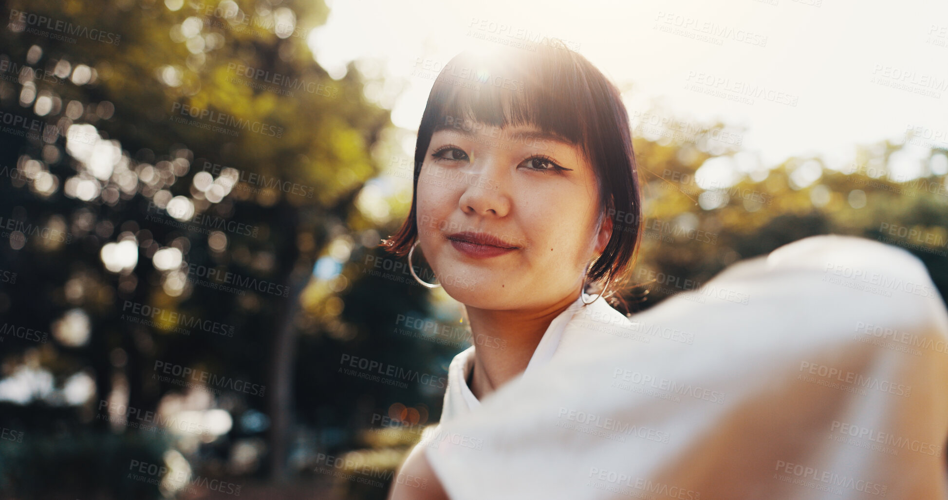 Buy stock photo Park, portrait and girl with kimono, smile and confidence on weekend morning for outdoor adventure. Culture, traditional clothes and happy face of Japanese woman in nature with trees, relax and fun