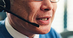 Man, mouth and consultant with mic for telemarketing, customer service or online advice at call center. Japan, closeup or male person consulting with headset for virtual assistance or help at office