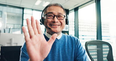 Buy stock photo Happy, asian man and portrait with headphones for video call, online language teacher or training seminar at office. Japan, male person or linguist with smile or pov for virtual meeting or webinar