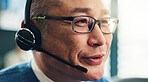 Business, call center and man in office, conversation and help desk with headset, contact us and communication. Japanese person, employee or agent with tech support, telemarketing or customer service