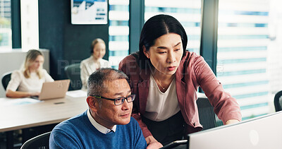 Buy stock photo Team, computer and business people in discussion, coaching and help with mature mentor. Japanese manager, training and collaboration for planning investment project, finance or revenue in office