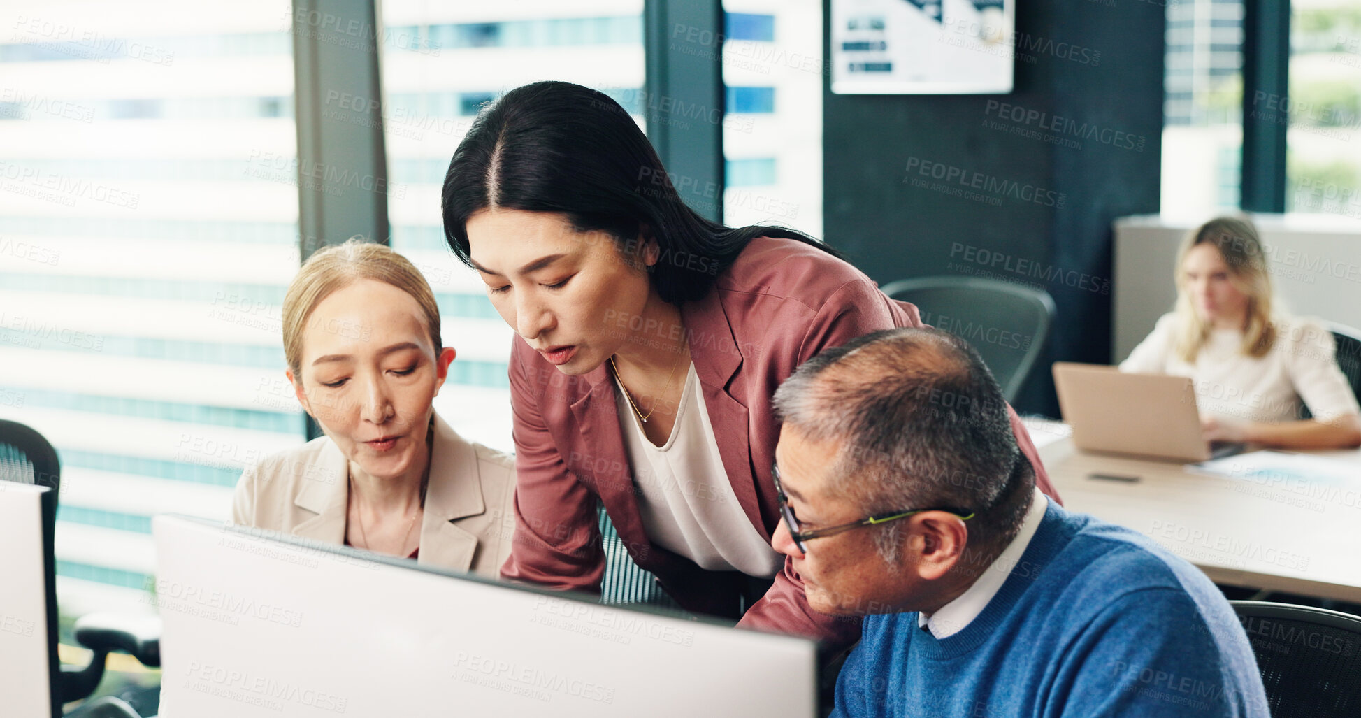 Buy stock photo Team, computer and business people in training, coaching and help with mature mentor. Japanese manager, discussion and collaboration for planning investment project, finance and revenue in office