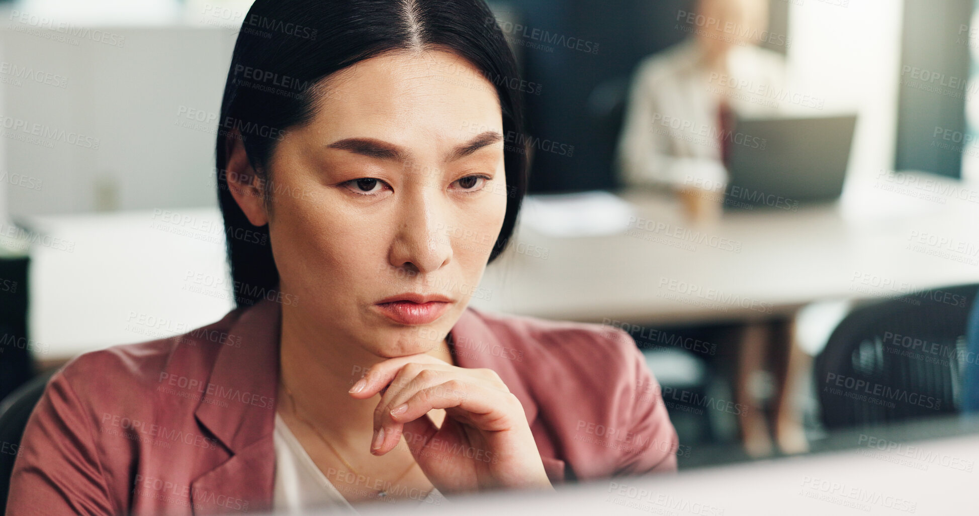 Buy stock photo Japan, employee and woman with computer, thinking and online reading with decision. Asian person, website info and consultant in office, pc and choice with email notification, business and connection