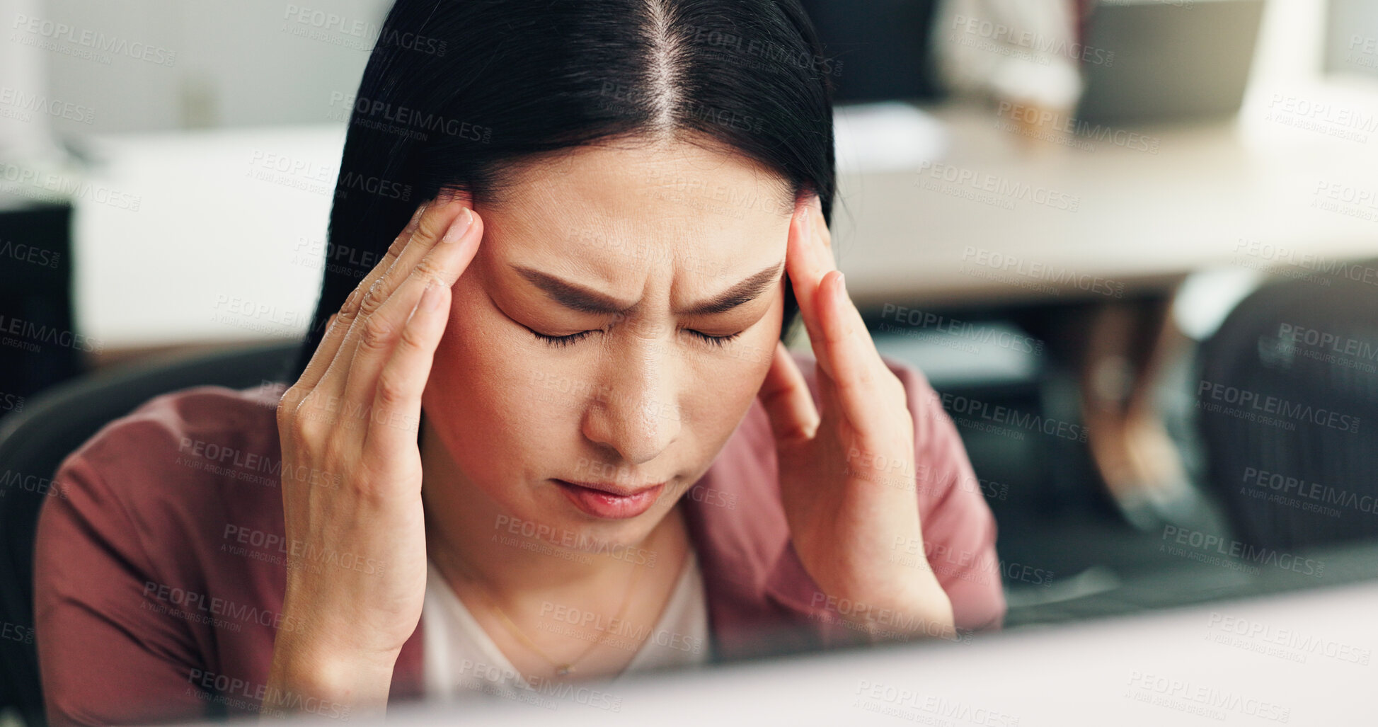 Buy stock photo Business, headache and woman in office, stress and overworked with fatigue. Japanese person, employee and consultant in workplace, migraine and tired with burnout, deadline for project and tension