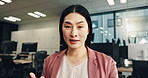 Woman, portrait and talk in office for video call, discussion and company feedback in POV. Japanese person, virtual consultant or webinar in workplace for online presentation, conference or interview